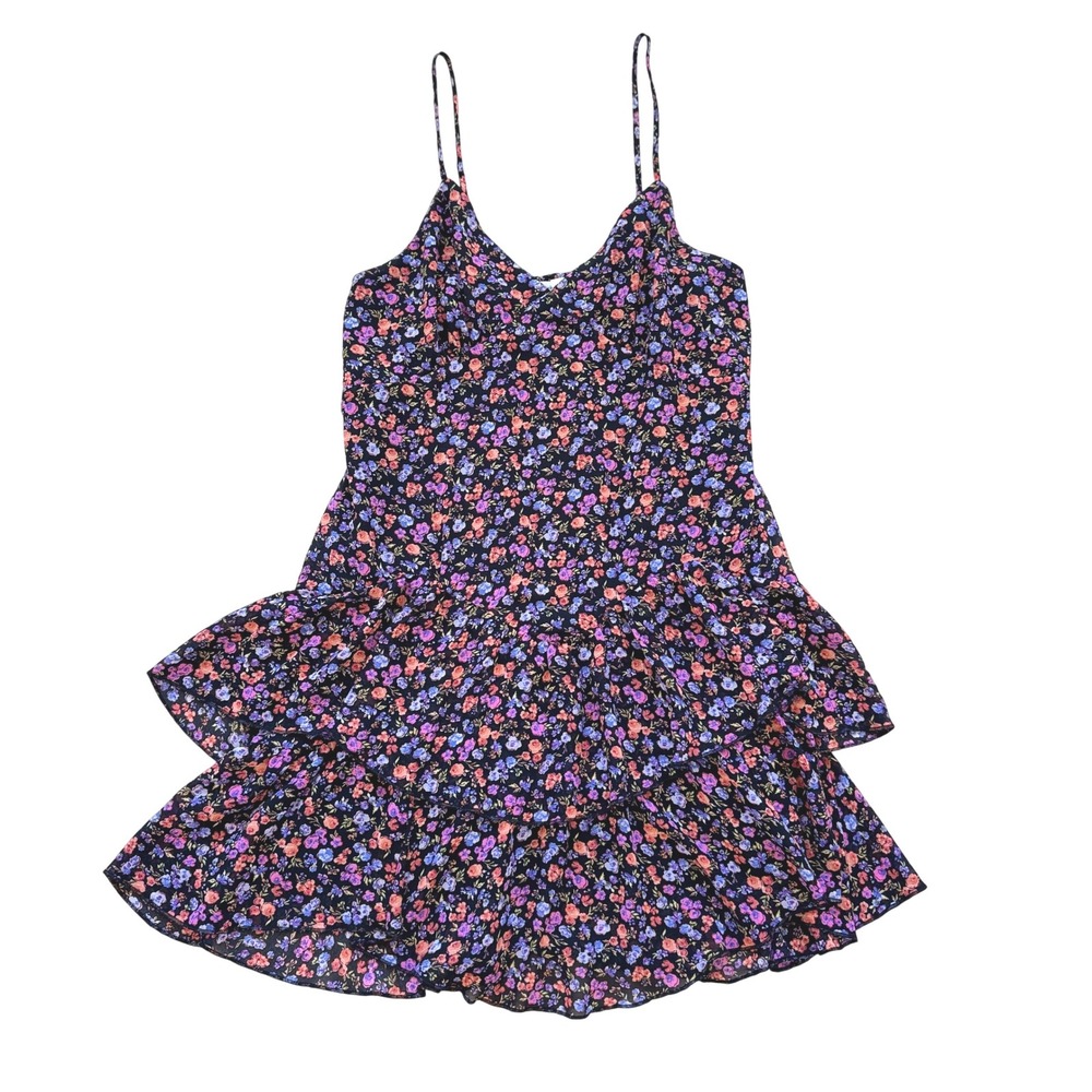 Stitch & Pine Floral Mini Dress Women Ruffle‎ Tiered L Boho Black Pink Blue Chic